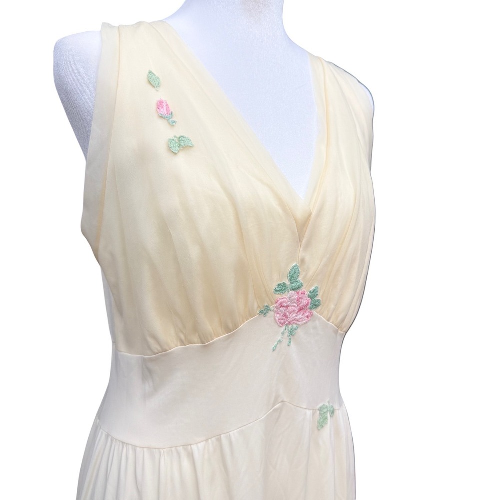 Vintage 60s Cream Floral Babydoll Maxi Nightgown Lingerie Romantic Ethereal - Picture 5 of 16